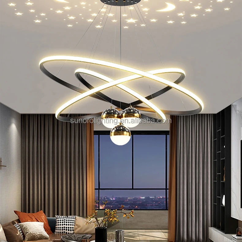 Modern Luxury Iron 85-265V Chandeliers Light 3 Rings 20 40 60cm+3 Bulbs with Moon and Stars Effect Dining Pendant Light for Home
