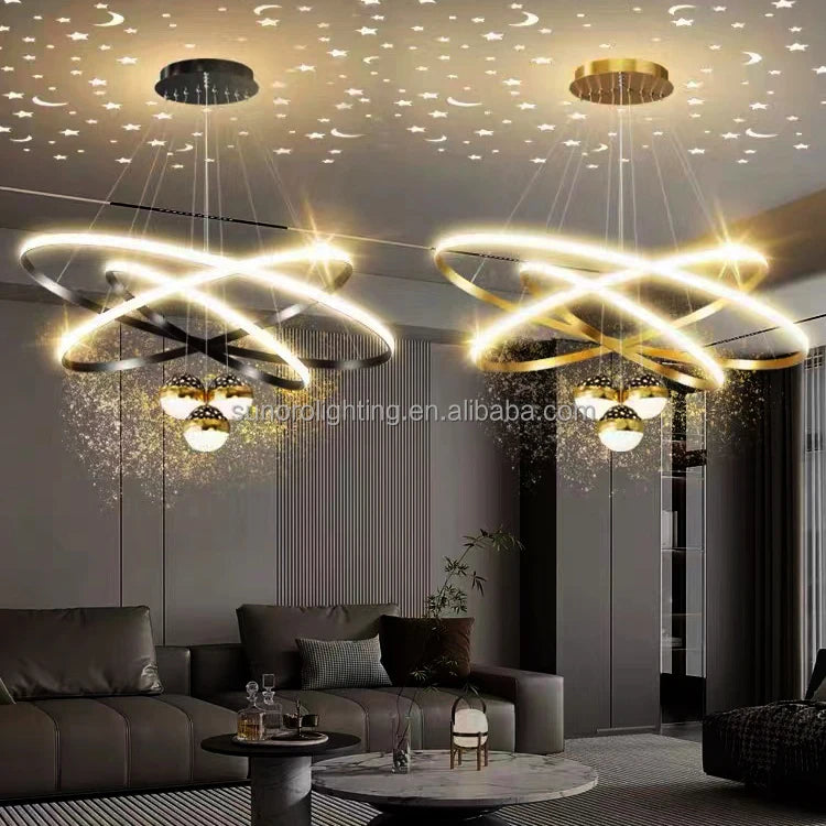 Modern Luxury Iron 85-265V Chandeliers Light 3 Rings 20 40 60cm+3 Bulbs with Moon and Stars Effect Dining Pendant Light for Home