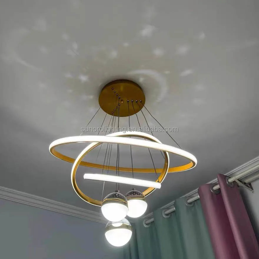 Modern Luxury Iron 85-265V Chandeliers Light 3 Rings 20 40 60cm+3 Bulbs with Moon and Stars Effect Dining Pendant Light for Home