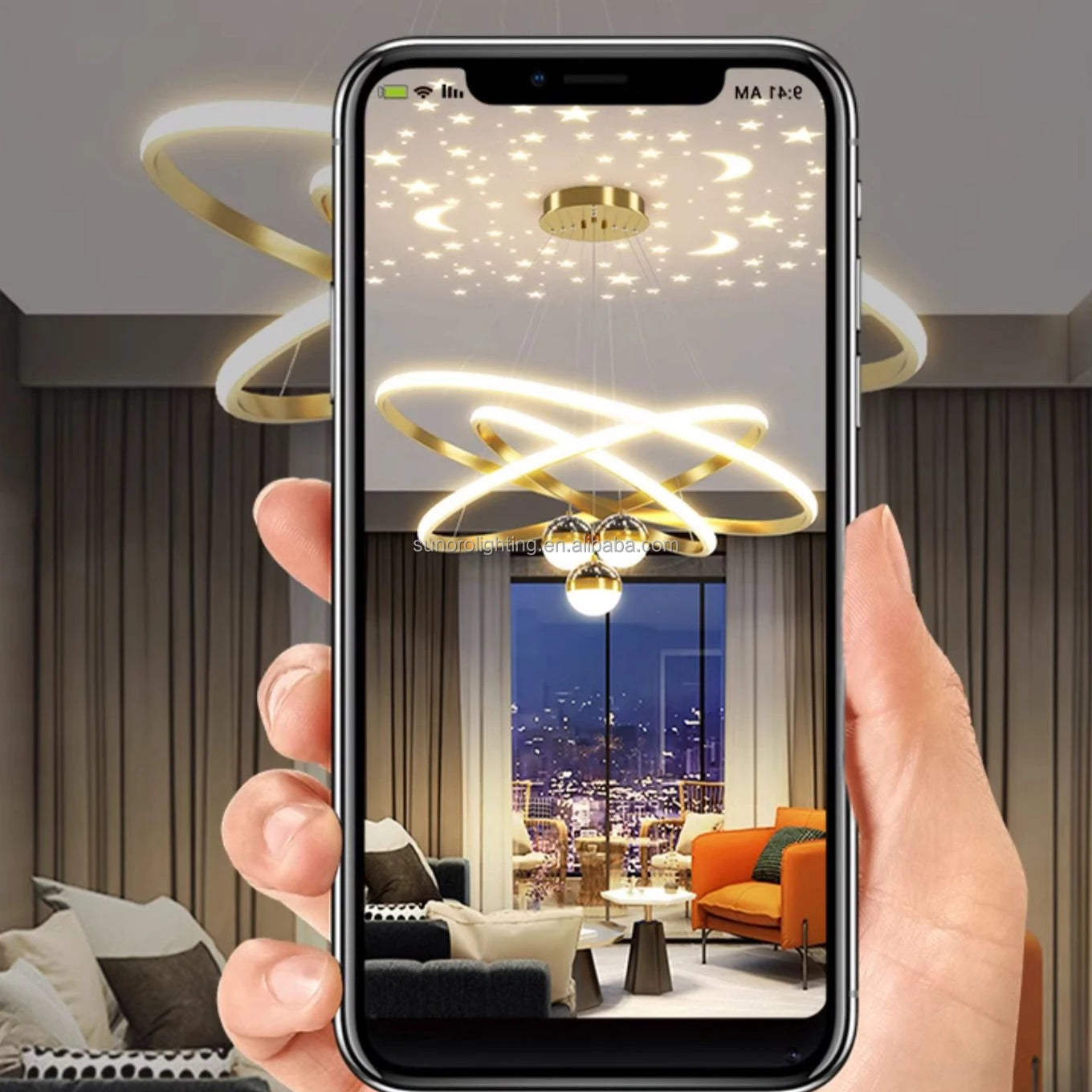 Modern Luxury Iron 85-265V Chandeliers Light 3 Rings 20 40 60cm+3 Bulbs with Moon and Stars Effect Dining Pendant Light for Home