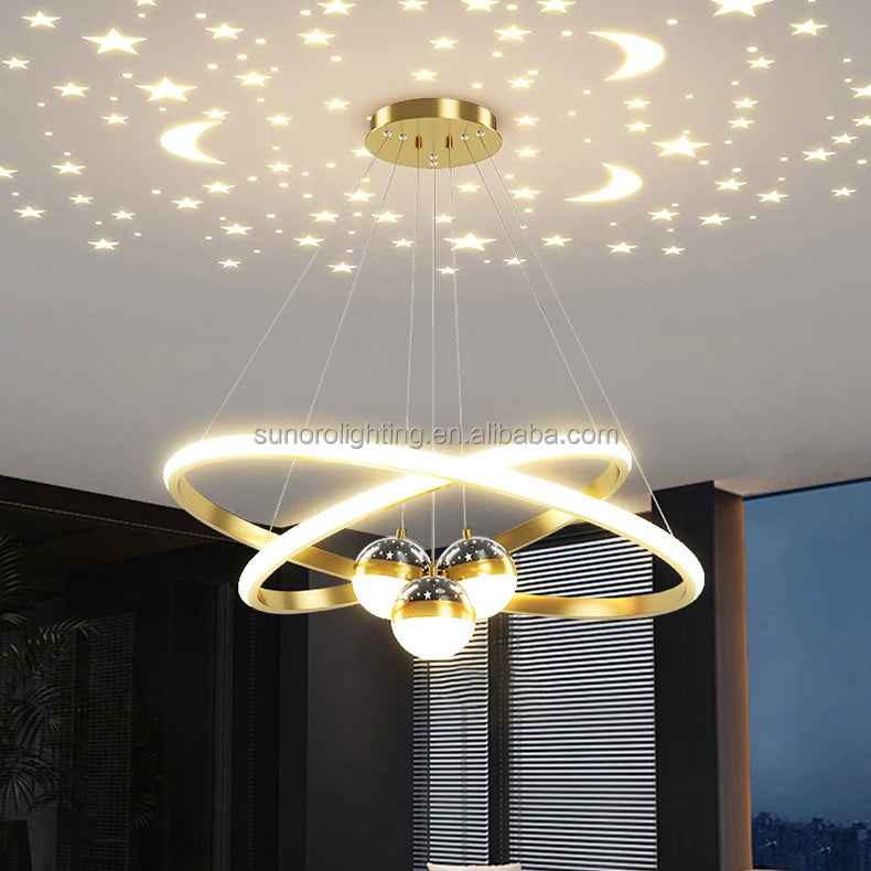 Modern Luxury Iron 85-265V Chandeliers Light 3 Rings 20 40 60cm+3 Bulbs with Moon and Stars Effect Dining Pendant Light for Home